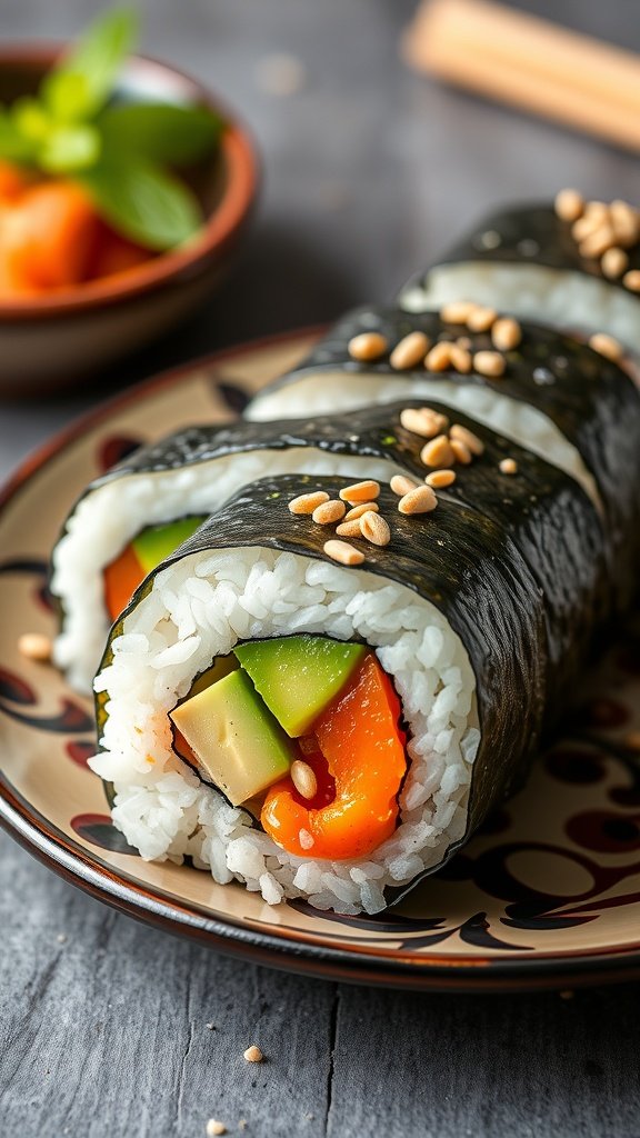 A colorful sushi roll with vegetables on a decorative plate.