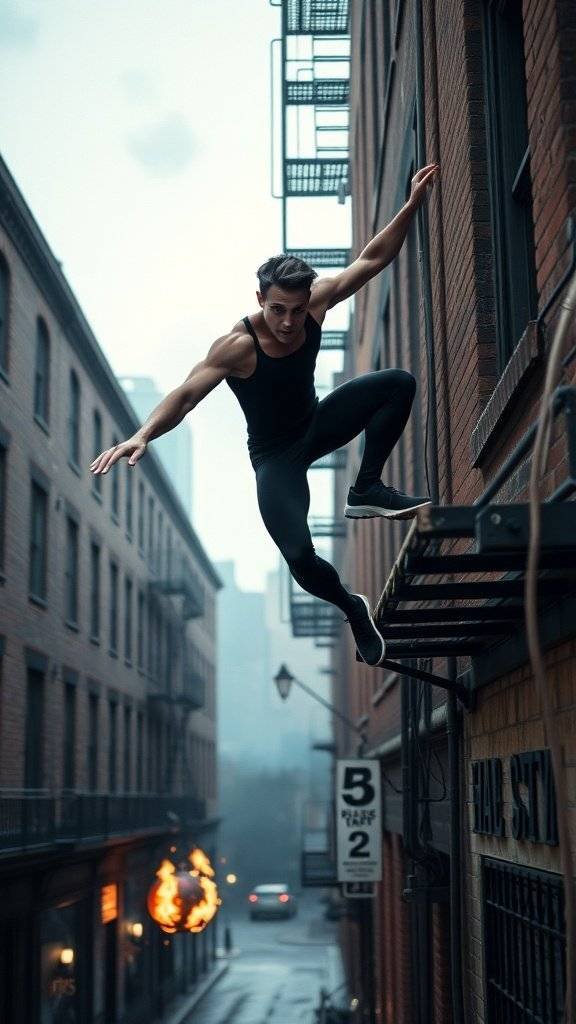 A person in workout gear leaping in an urban alley with fire escapes.