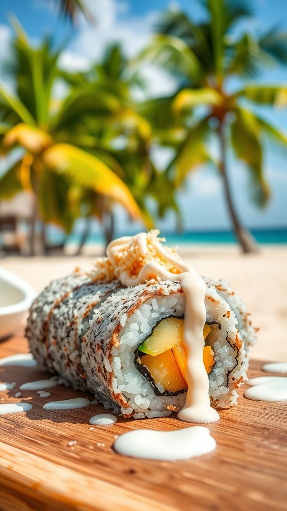 A colorful sushi roll with pineapple and coconut, set against a tropical beach background.