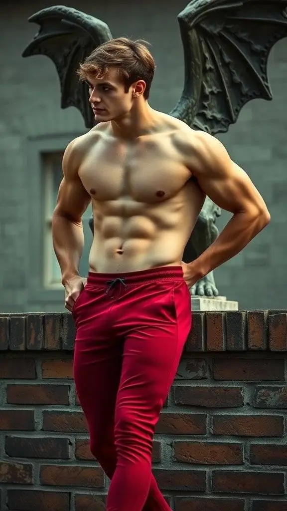 A muscular man in red workout gear lifting weights in front of a dragon statue.