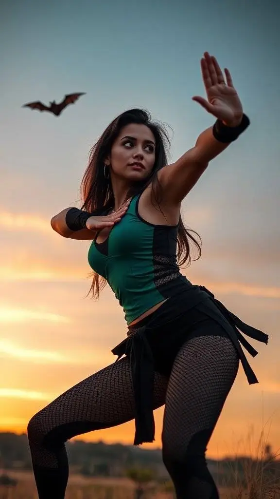 A confident figure in workout gear stands with a weapon, silhouetted against a sunset, embodying strength and determination.