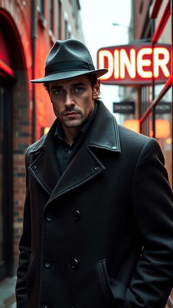 A man in a stylish hat and coat stands in a dimly lit alley with a diner sign glowing in the background.