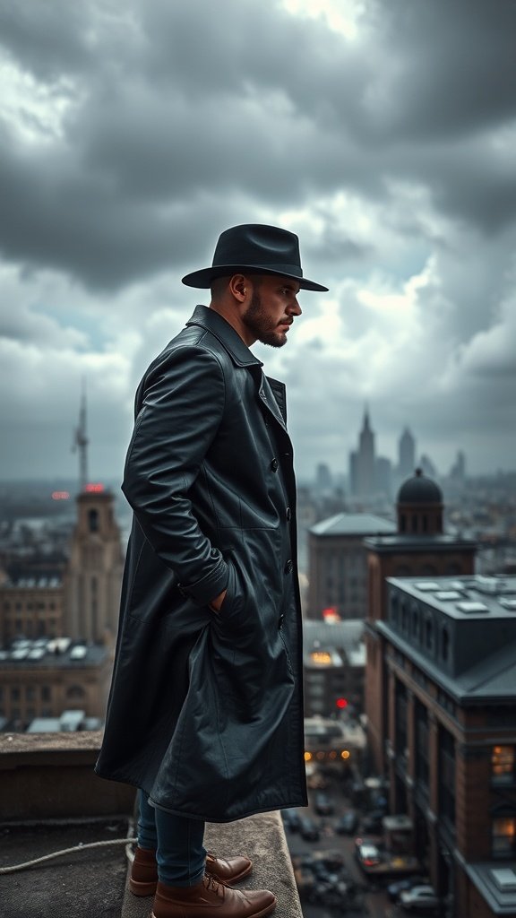 A man in a black coat and hat standing on a rooftop overlooking a city skyline under cloudy skies.