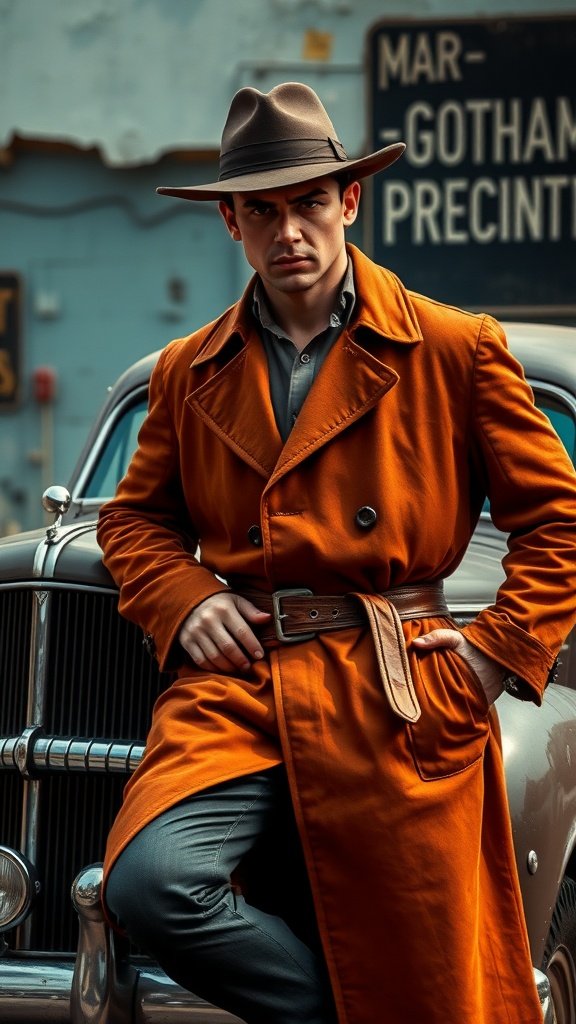 A man wearing a brown double-breasted coat, standing by a vintage car with a Gotham street sign in the background.