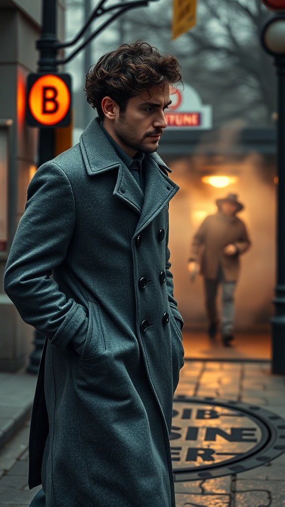 A man in a stylish double-breasted coat stands on a foggy street, with steam rising around him, embodying Gotham's mysterious vibe.