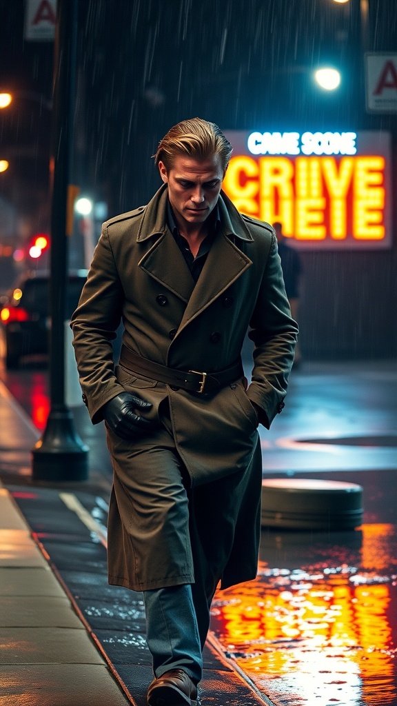 A man in a fedora and long coat walking on a rainy street near a crime scene.