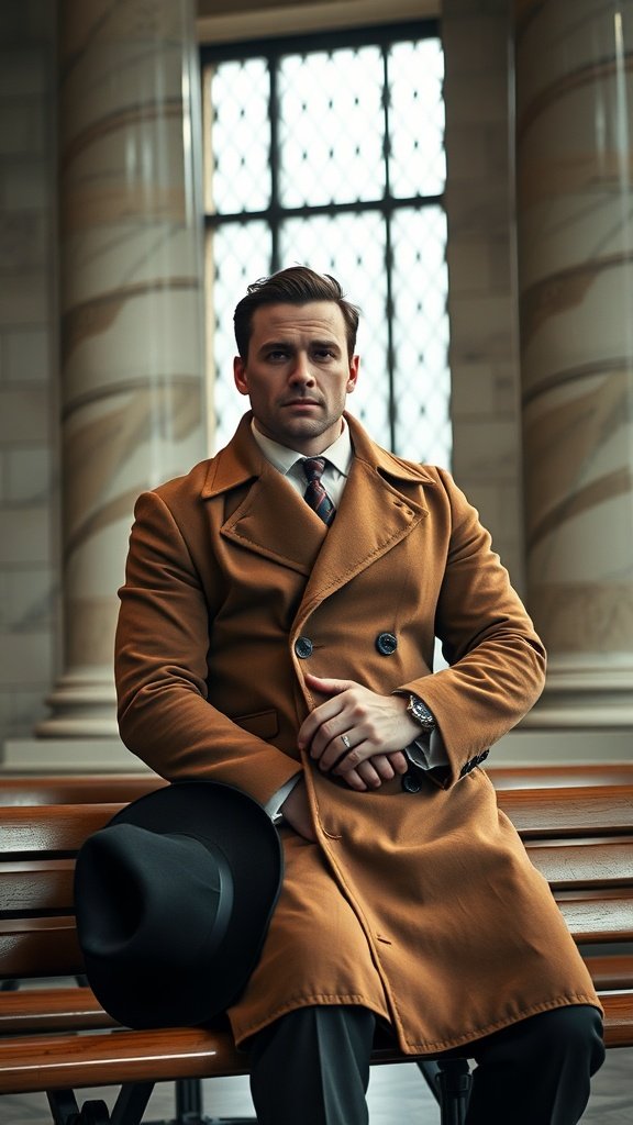 A man in a brown trenchcoat sitting in a stylish interior, holding a hat.