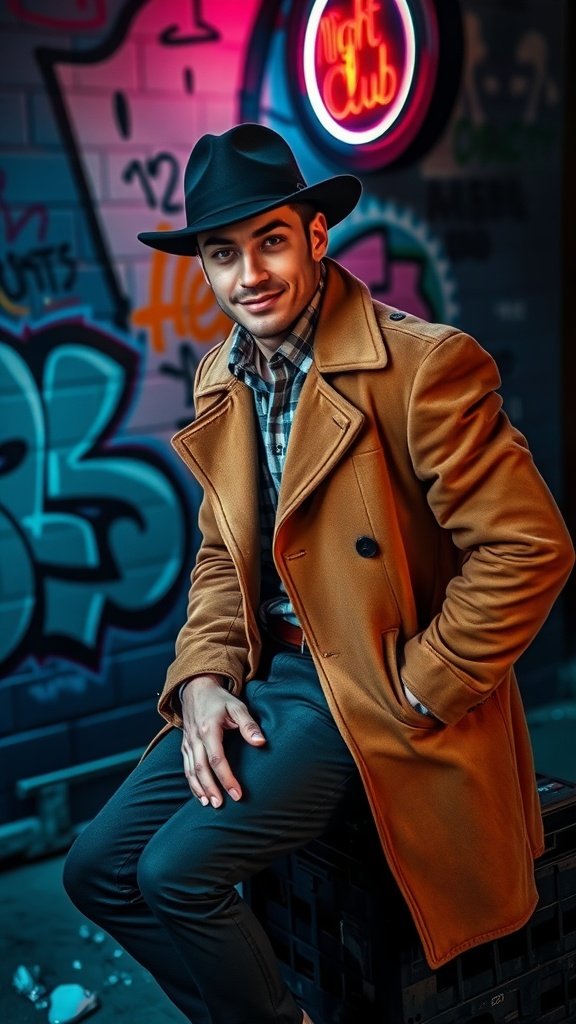 A man wearing a fedora and a warm coat, posing confidently in an urban setting with graffiti and neon lights.
