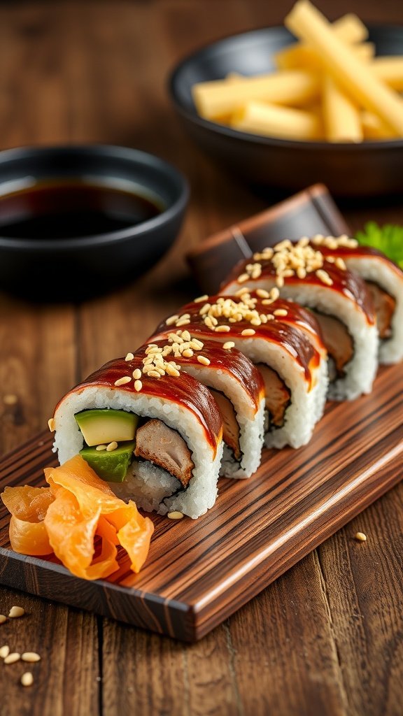 A plate of teriyaki chicken sushi rolls drizzled with sauce and garnished with sesame seeds.