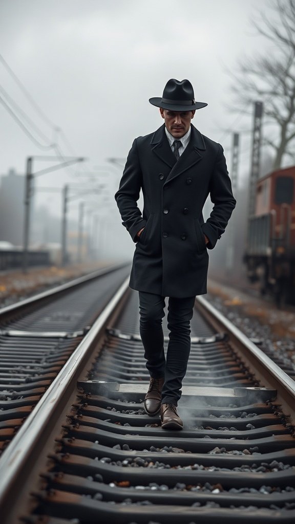 A man walking on train tracks in a black coat and hat, surrounded by fog.