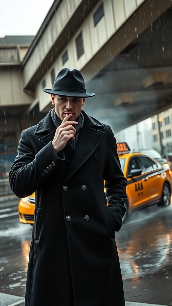 A man in a dark coat and hat smoking a cigarette under an overpass.