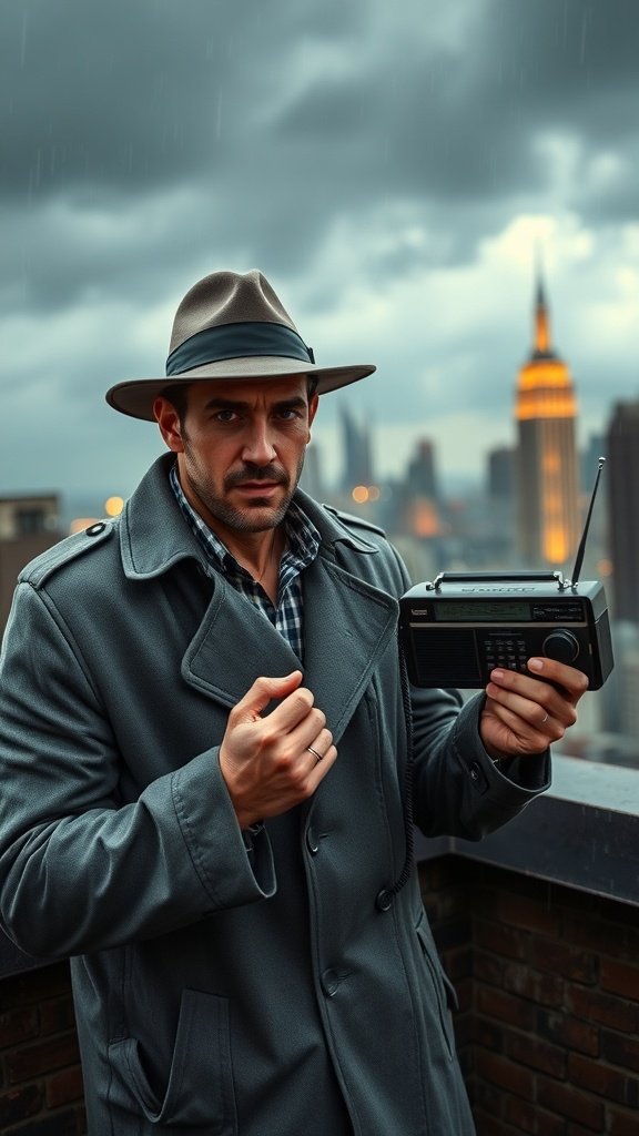 A man in a stylish hat and coat stands on a rooftop holding a vintage radio, with a dramatic city skyline in the background.