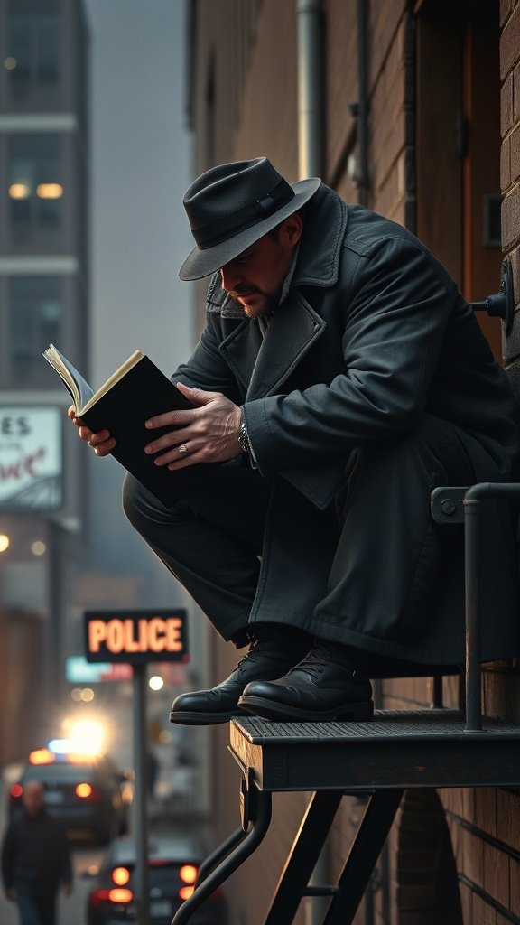 A man in a hat and long coat sitting on a fire escape, reading a book in a dimly lit alley with police lights in the background.