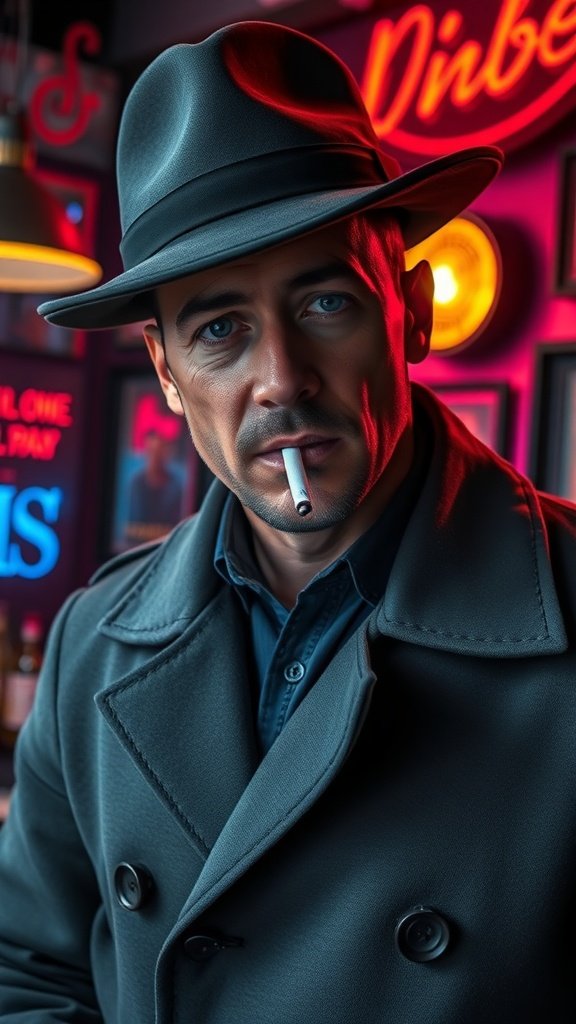 A man in a fedora and dark coat, with a cigarette, standing against a neon-lit background.