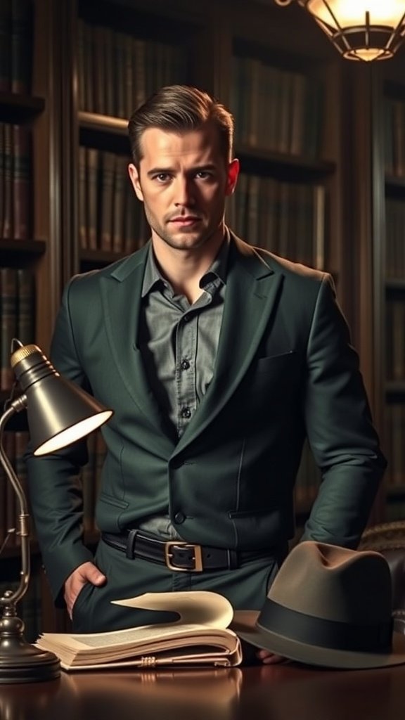 A man in a stylish jacket and suspenders sitting at a desk with a hat and an open book, surrounded by bookshelves.