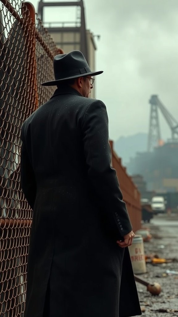 A man in a dark coat and hat stands against an industrial backdrop, embodying a Gotham-inspired style.