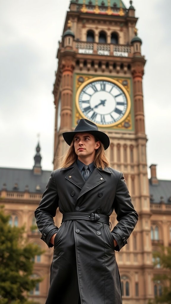 A man wearing a wide-brimmed hat and a leather jacket stands in front of a clocktower, embodying a mysterious Gotham vibe.