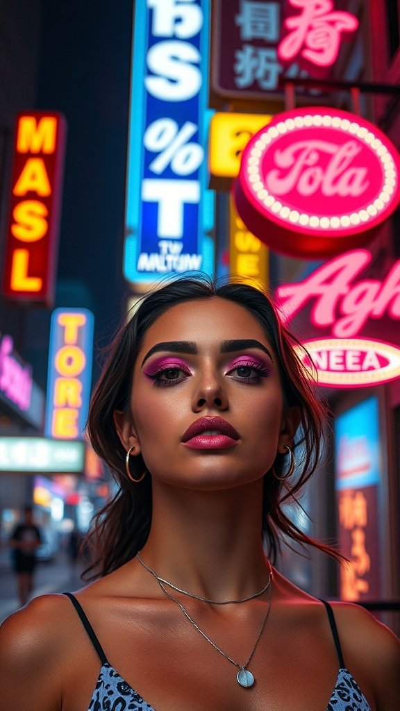 A woman with bold pink makeup stands in front of neon signs in a city setting.