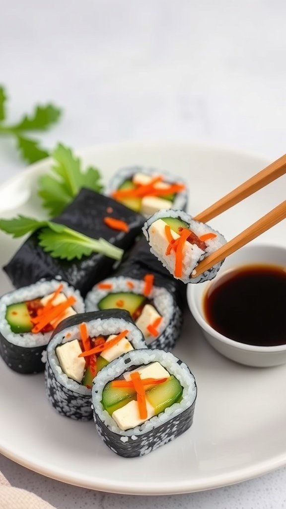A plate of colorful kimchi sushi rolls with chopsticks and a small bowl of soy sauce.