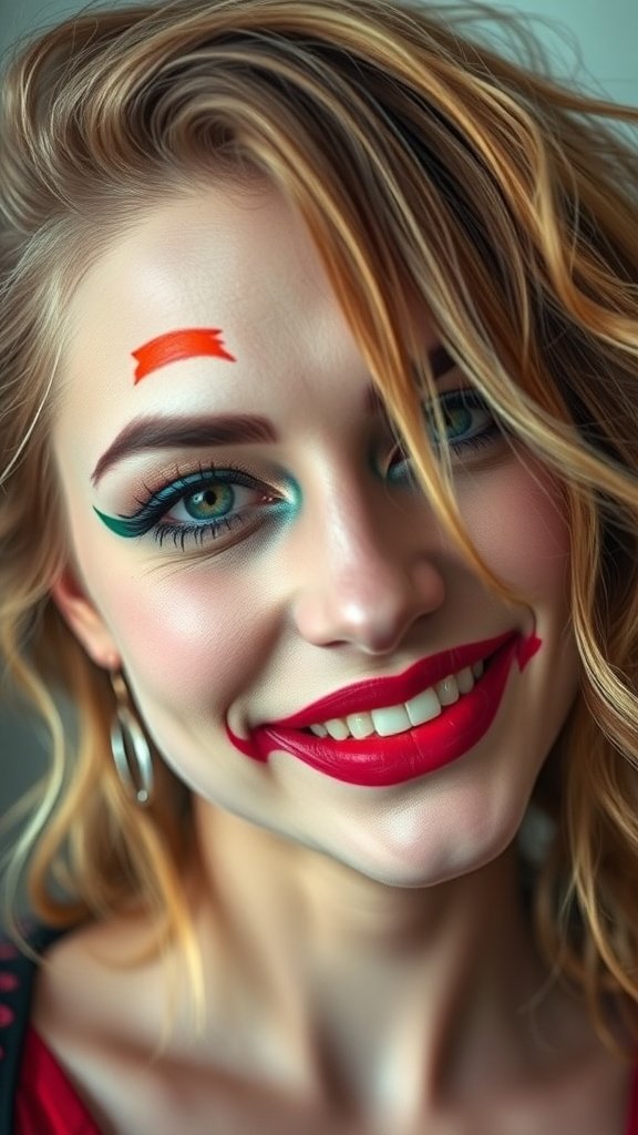 A model with bold red lips, teal eyeliner, and a playful red accent on her cheek, showcasing a chaotic yet chic makeup look.