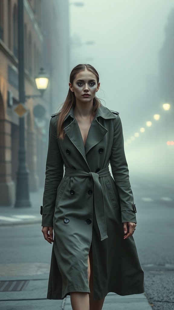 A confident figure in a trench coat walking through a foggy Gotham street, embodying darkly seductive makeup looks.