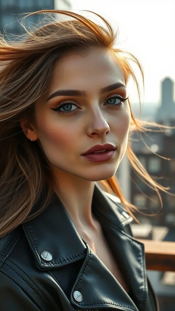 A model with striking makeup and a leather jacket, standing on a rooftop with a city skyline in the background