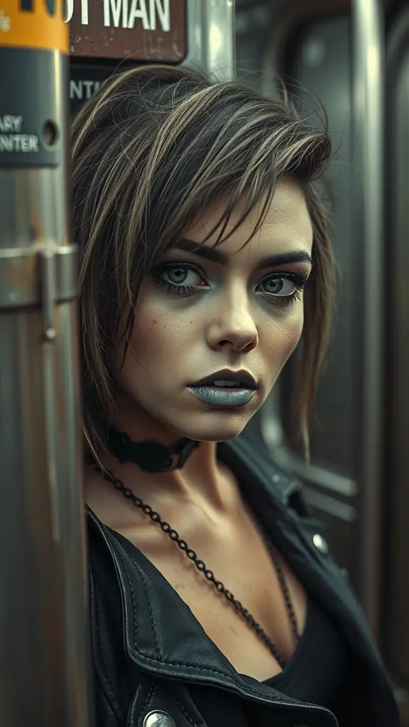 A model with bold makeup featuring dark lips and smoky eyes, set against an urban backdrop.