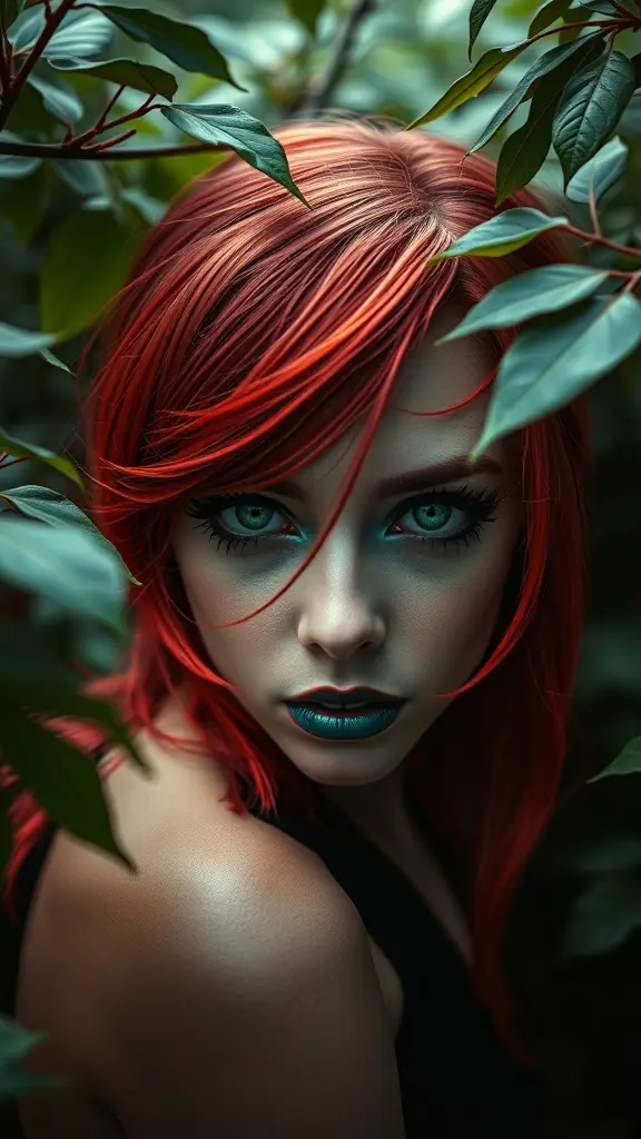 A woman with vibrant red hair and striking teal makeup, surrounded by green leaves, embodying a darkly seductive look.