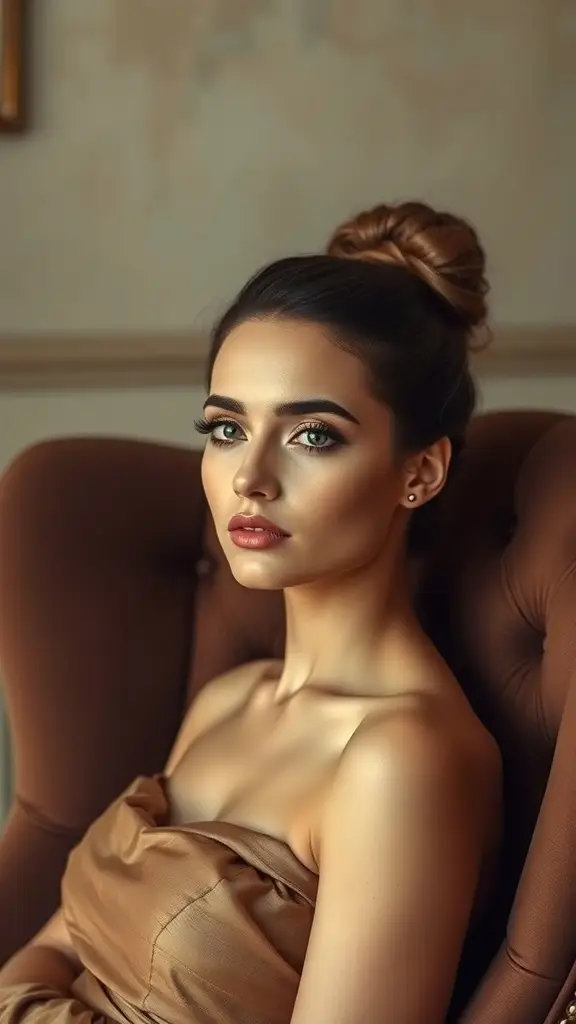 A woman with a chic bun hairstyle and soft makeup, embodying the Dusty Velvet look.