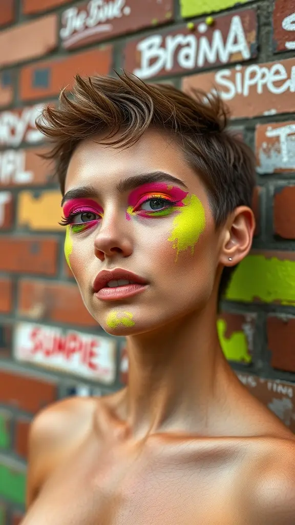 Model with vibrant graffiti-inspired makeup featuring pink and green colors against a brick wall.