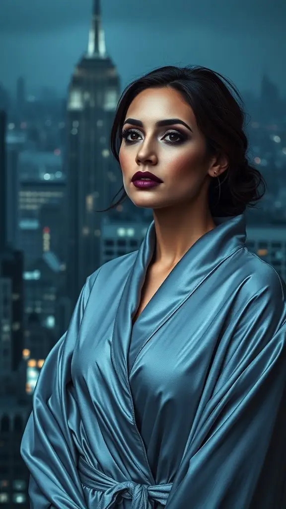 A woman with deep violet lips and smoky eyes, wearing a silky robe, with a city skyline in the background.