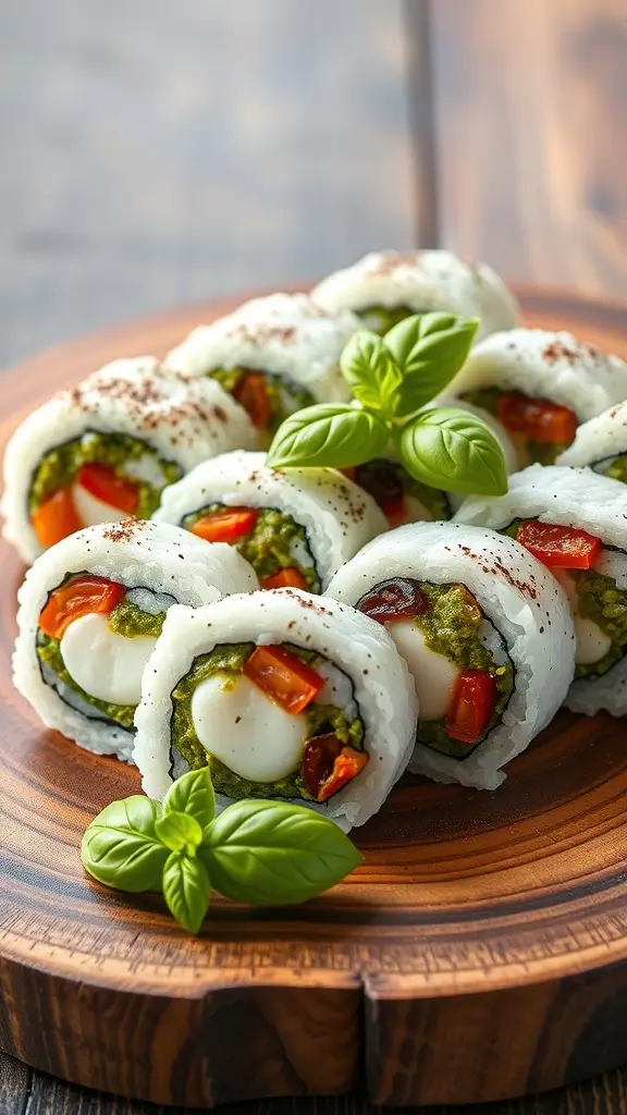 A close-up of basil pesto sushi rolls with mozzarella and bell peppers, garnished with fresh basil on a wooden platter.