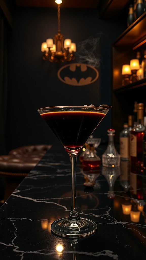 A Dark Knight Espresso Martini on a black marble bar with a Batman logo in the background.