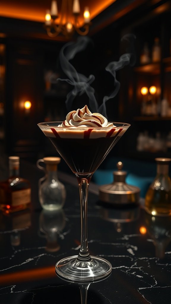 A Dark Chocolate Martini with whipped cream and chocolate syrup, set against a luxurious bar backdrop.