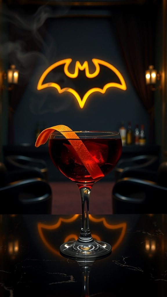 A dark cocktail inspired by Batman, featuring a Negroni with an orange twist, set against a backdrop of a glowing bat symbol.