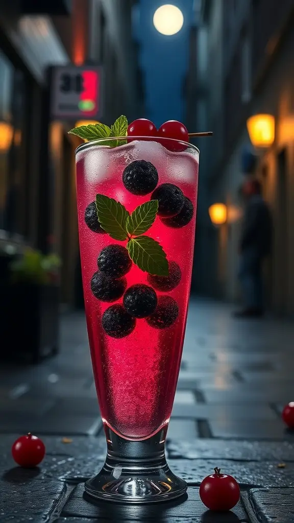 A tall glass of Blackcurrant Fizz cocktail with mint leaves and blackcurrants, set in a dimly lit alley.
