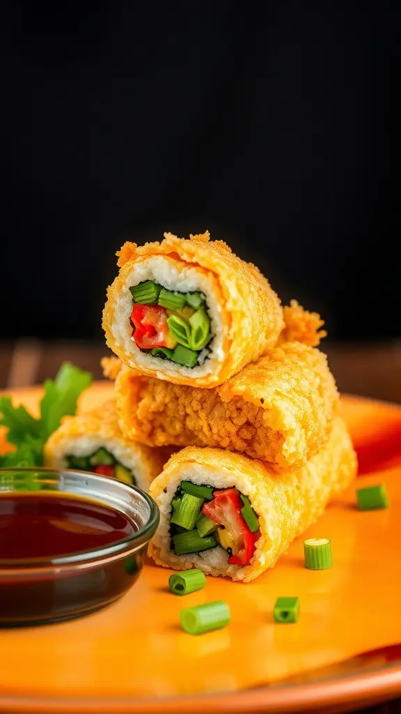 Crispy tempura vegetable sushi rolls stacked on an orange plate with dipping sauce