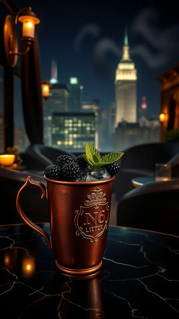 A Blackberry Mule cocktail in a copper mug, garnished with blackberries and mint, set against a city skyline at night.