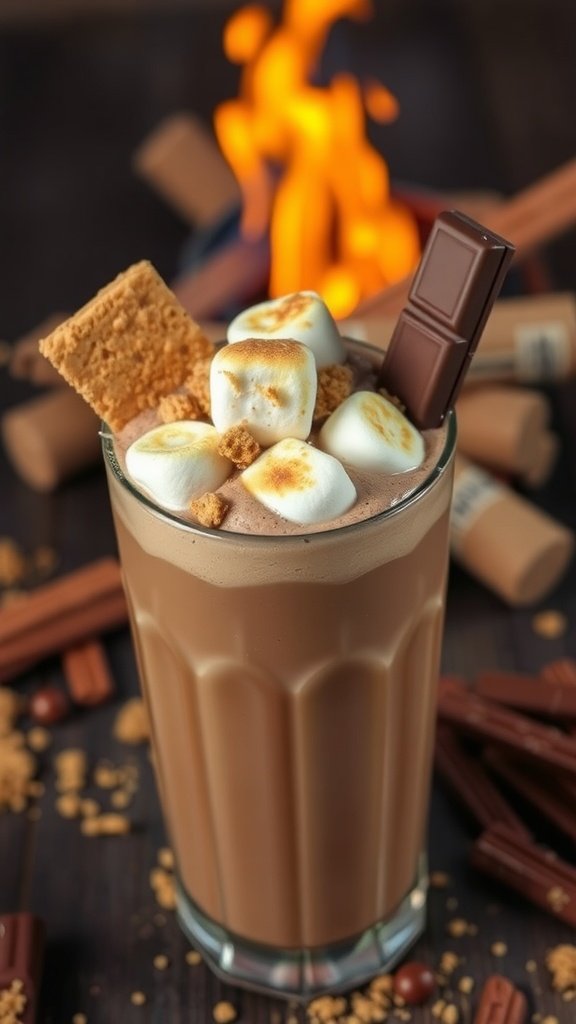 A lineup of decadent S'mores freakshakes topped with whipped cream, chocolate syrup, and marshmallows.