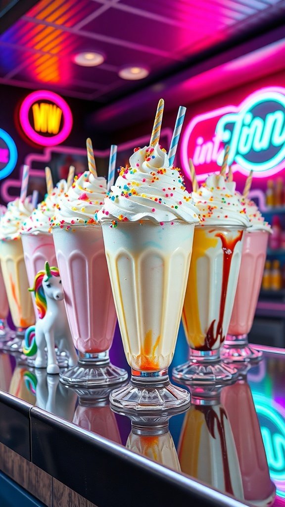 Colorful fruity rainbow unicorn freakshakes topped with whipped cream and sprinkles