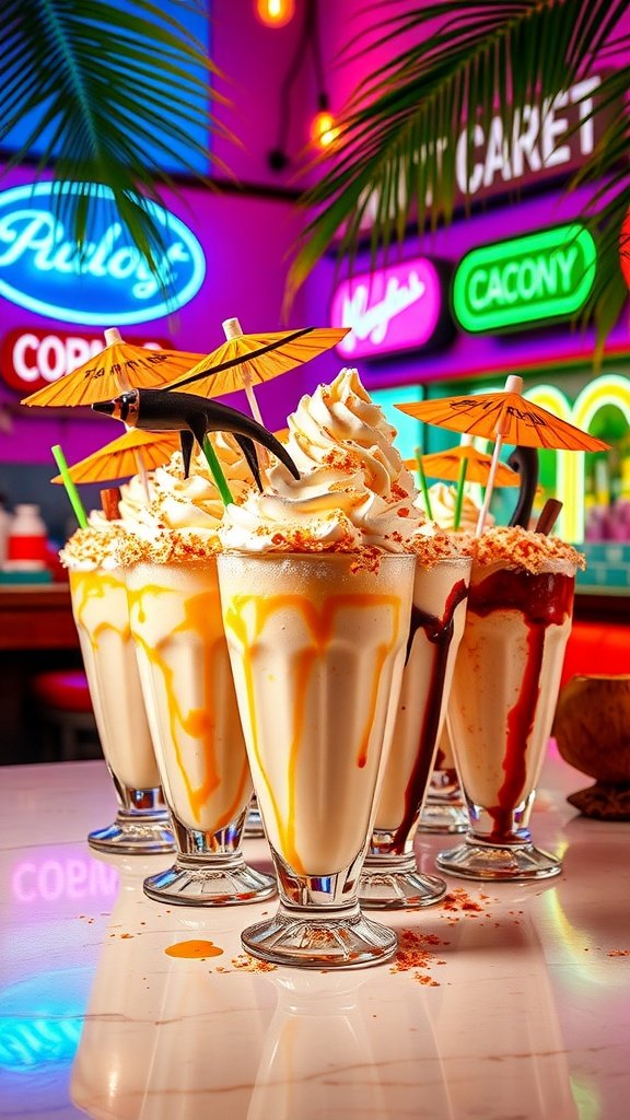 A vibrant display of Tropical Paradise Coconut Freakshakes topped with whipped cream, caramel, chocolate sauce, and mini umbrellas.