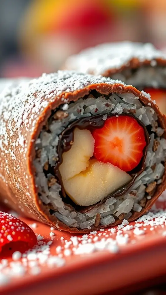 Chocolate sushi rolls filled with faruits, dusted with powdered sugar