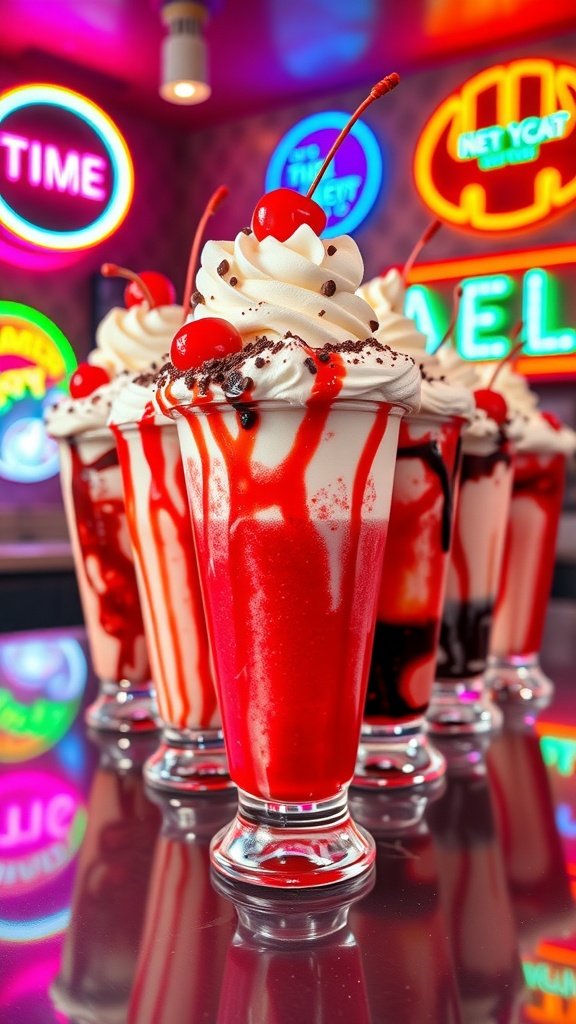 A colorful Sassy Cherry Bomb Freakshake topped with whipped cream and cherries, set against a vibrant neon background.
