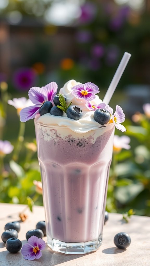 A vibrant Exotic Blueberry Lavender Freakshake topped with whipped cream, blueberries, and edible flowers.