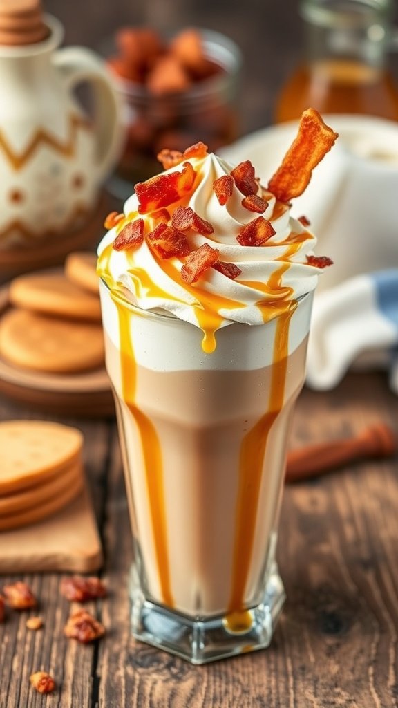 A selection of mouthwatering maple bacon freakshakes topped with whipped cream and bacon, set against a vibrant neon backdrop.