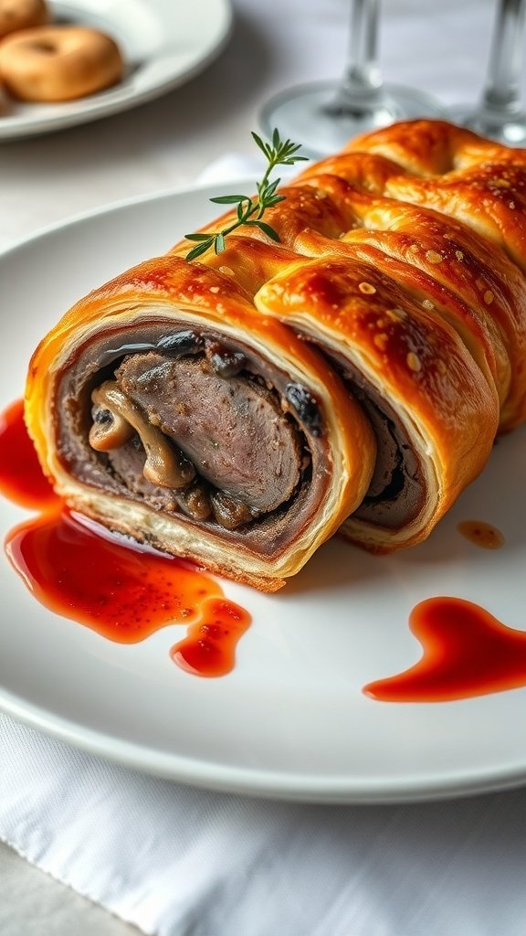 A beautifully plated Beef Wellington with a golden crust and a slice revealing the tender meat inside.