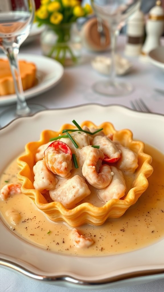 A luxurious serving of Lobster Newberg in a pastry shell, garnished with chives and red pepper.