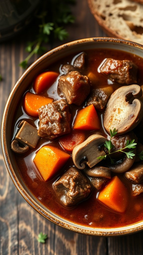 A bowl of Beef Bourguignon with chunks of beef, carrots, and mushrooms, served with crusty bread.
