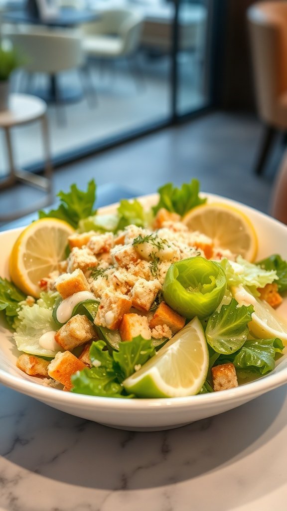 A classic Caesar salad with crisp romaine lettuce, croutons, and lemon slices in a white bowl.