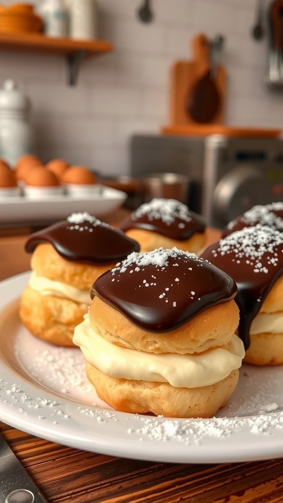Delicious homemade cream puffs topped with chocolate glaze and powdered sugar